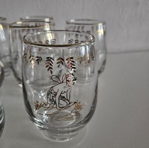 VTG 1950s LIBBEY White Rock Girl Gold Painted Stemless Glasses | Set of 10
